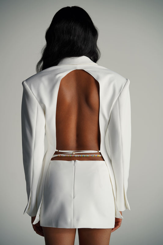 Backless blazer & mini skirt